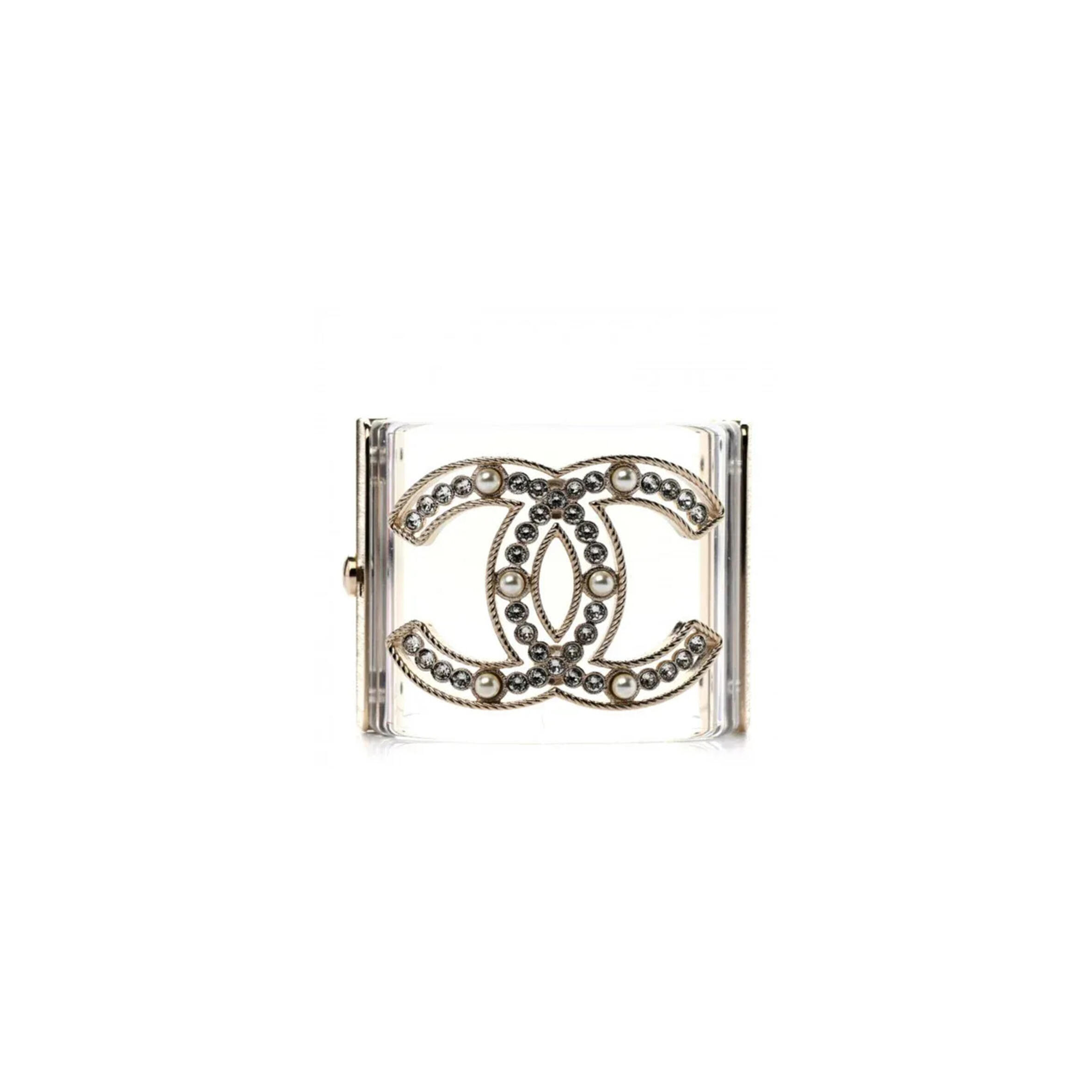 Ch**el clear resin & faux pearl cc wide cuff bracelet
